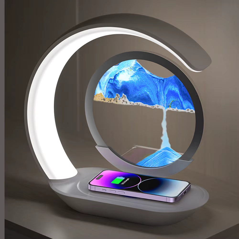 Stylish Quicksand Table Lamp with USB Wireless Charging - 3D Hourglass Sand Painting Night Light for Elegant Office Decor