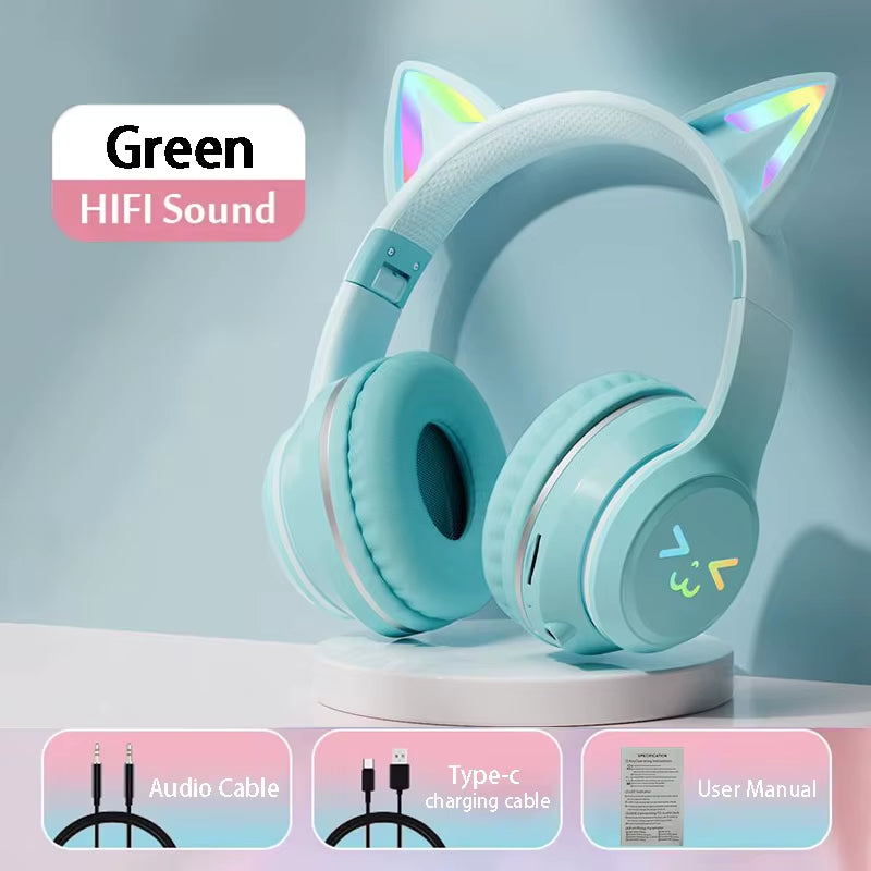 RGB Cat Ear Wireless Earbuds - Bluetooth 5.3 Sports Headphones with Microphone for Gamers