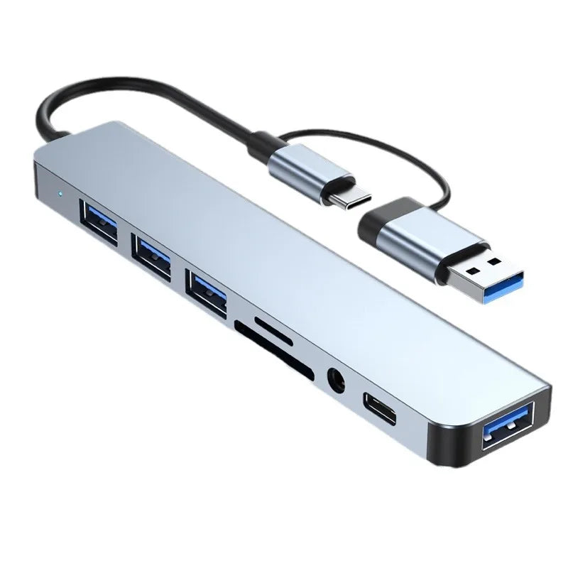 Ultimate 8-in-2 USB & Type-C Hub Docking Station with Audio Jack, Micro SD Reader & Disk Converter for Laptops, Tablets, and Phones