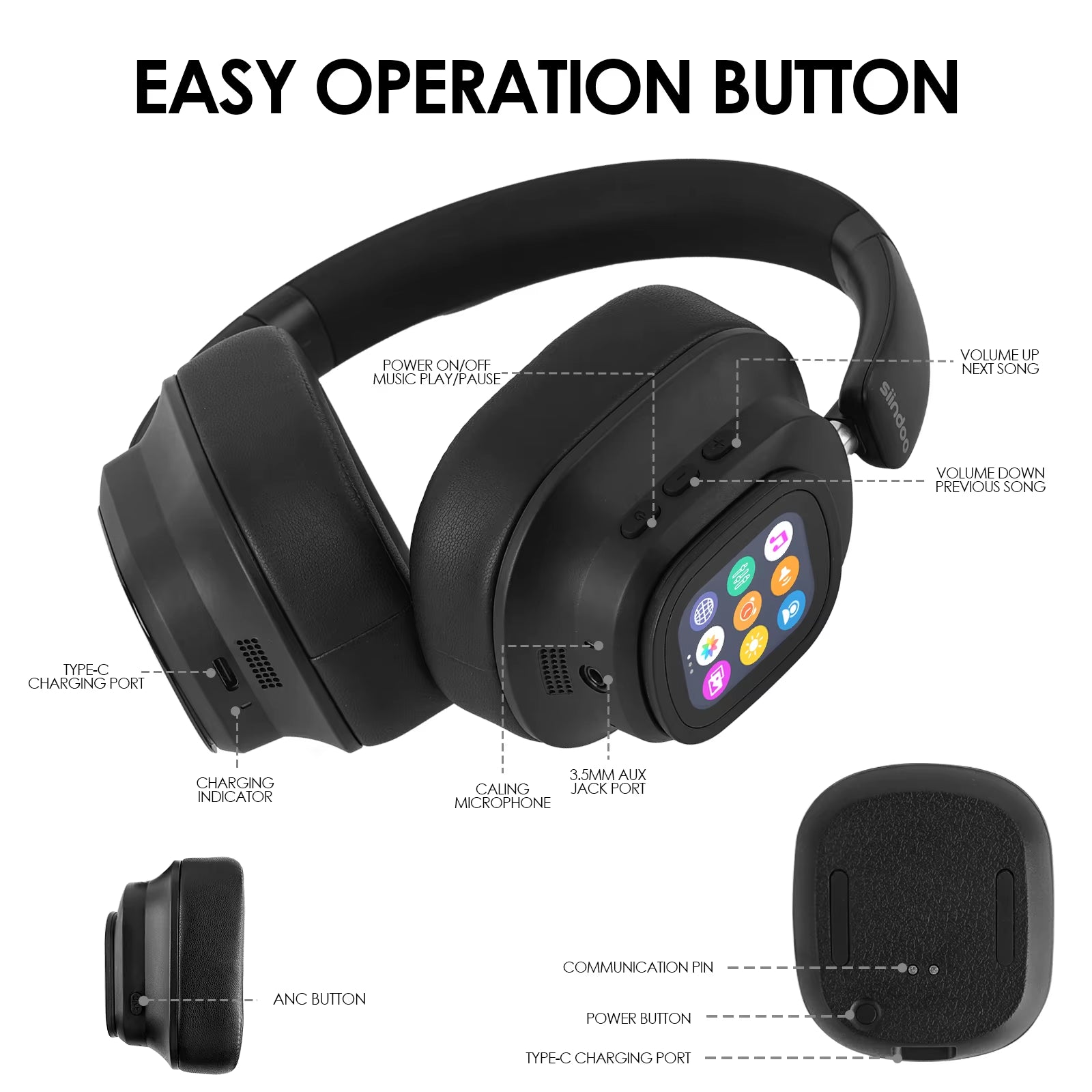 Jh-Anc930Plus Hybrid Wireless Active Noise Cancelling Headphones with Touch Control & LED Screen