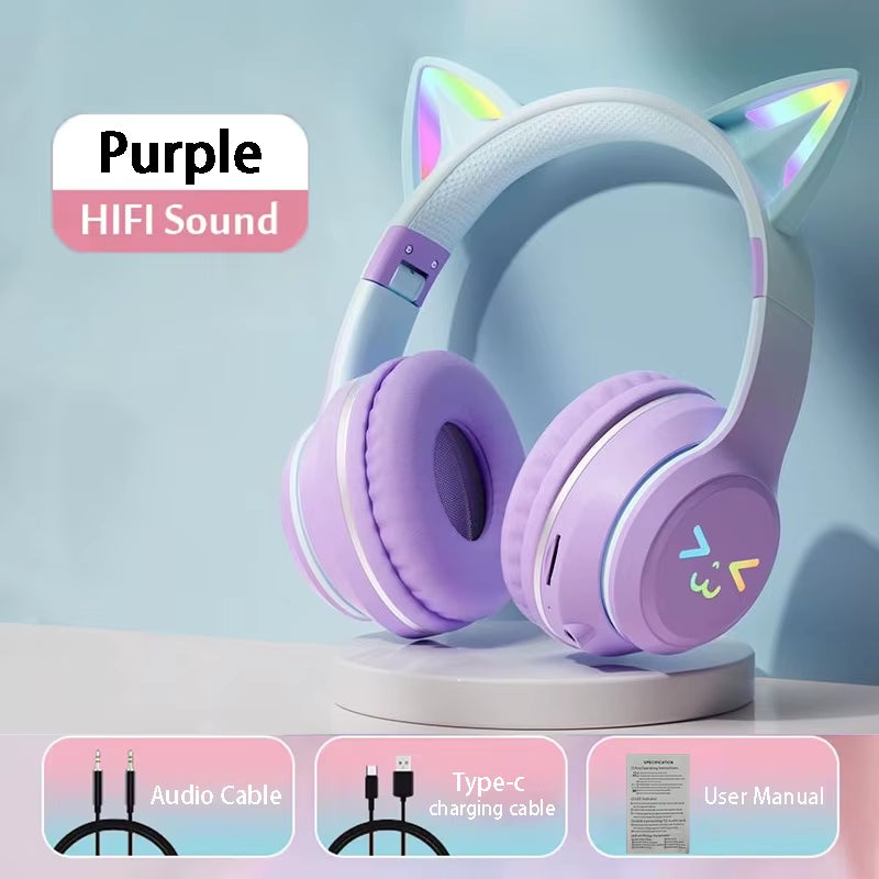 RGB Cat Ear Wireless Earbuds - Bluetooth 5.3 Sports Headphones with Microphone for Gamers