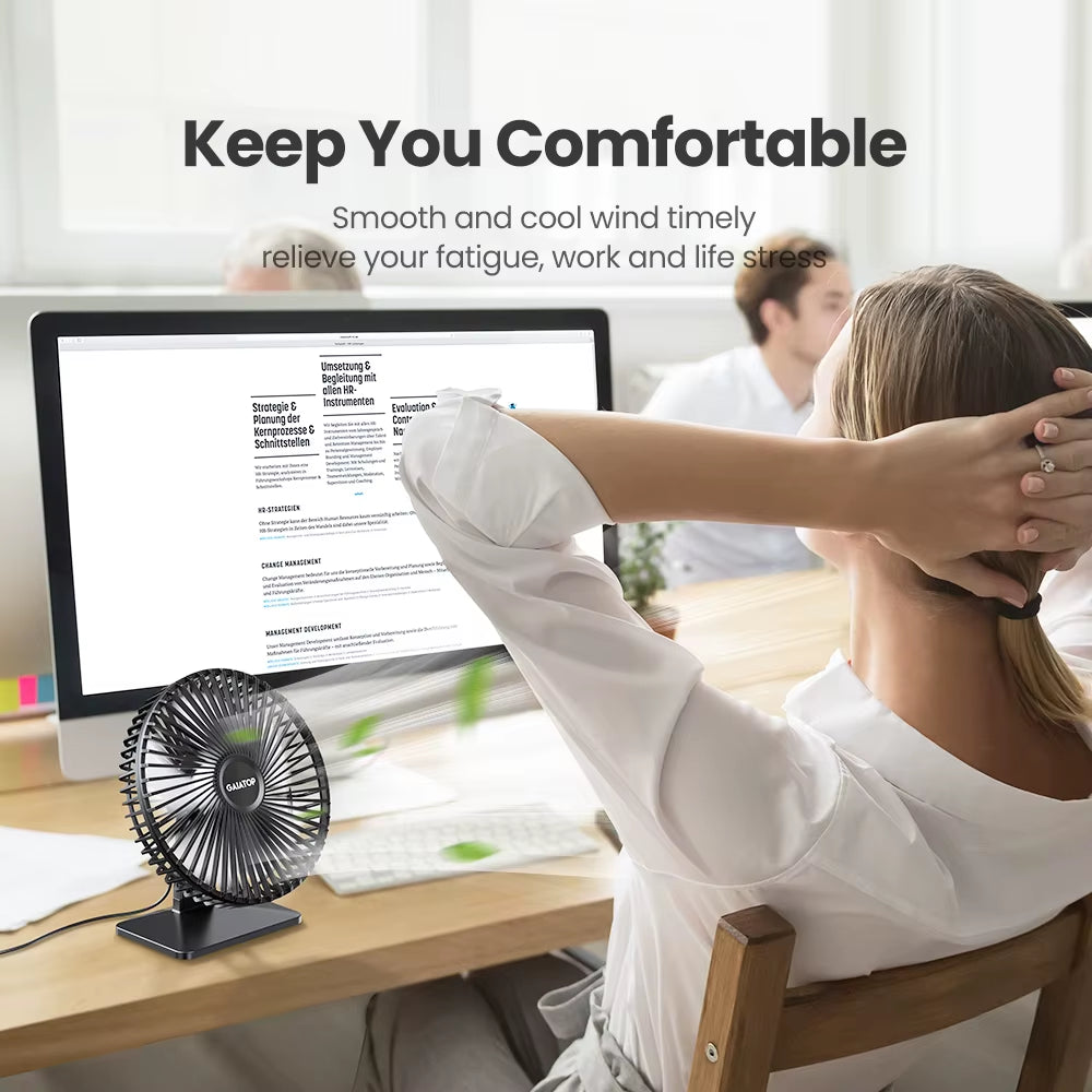 GAIATOP Portable USB Desk Fan - 90° Adjustable, Ultra Quiet with 4 Speed Settings for Home & Office Comfort