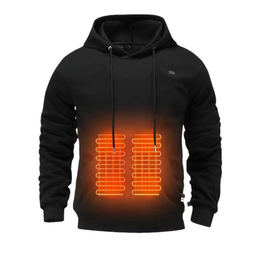 Cross-Border Men'S USB Heated Fleece-Lined Sweatshirt Warm Outdoor Casual Clothing Electric Heating Hooded Sweatshirt