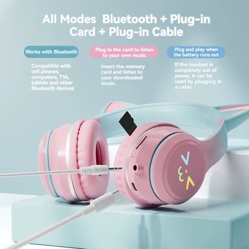 RGB Cat Ear Wireless Earbuds - Bluetooth 5.3 Sports Headphones with Microphone for Gamers