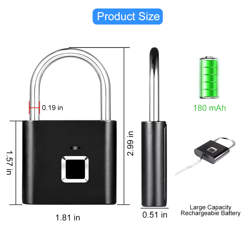 Smart Fingerprint Padlock - Keyless USB Charging, Waterproof, Anti-Theft, Fast Unlocking