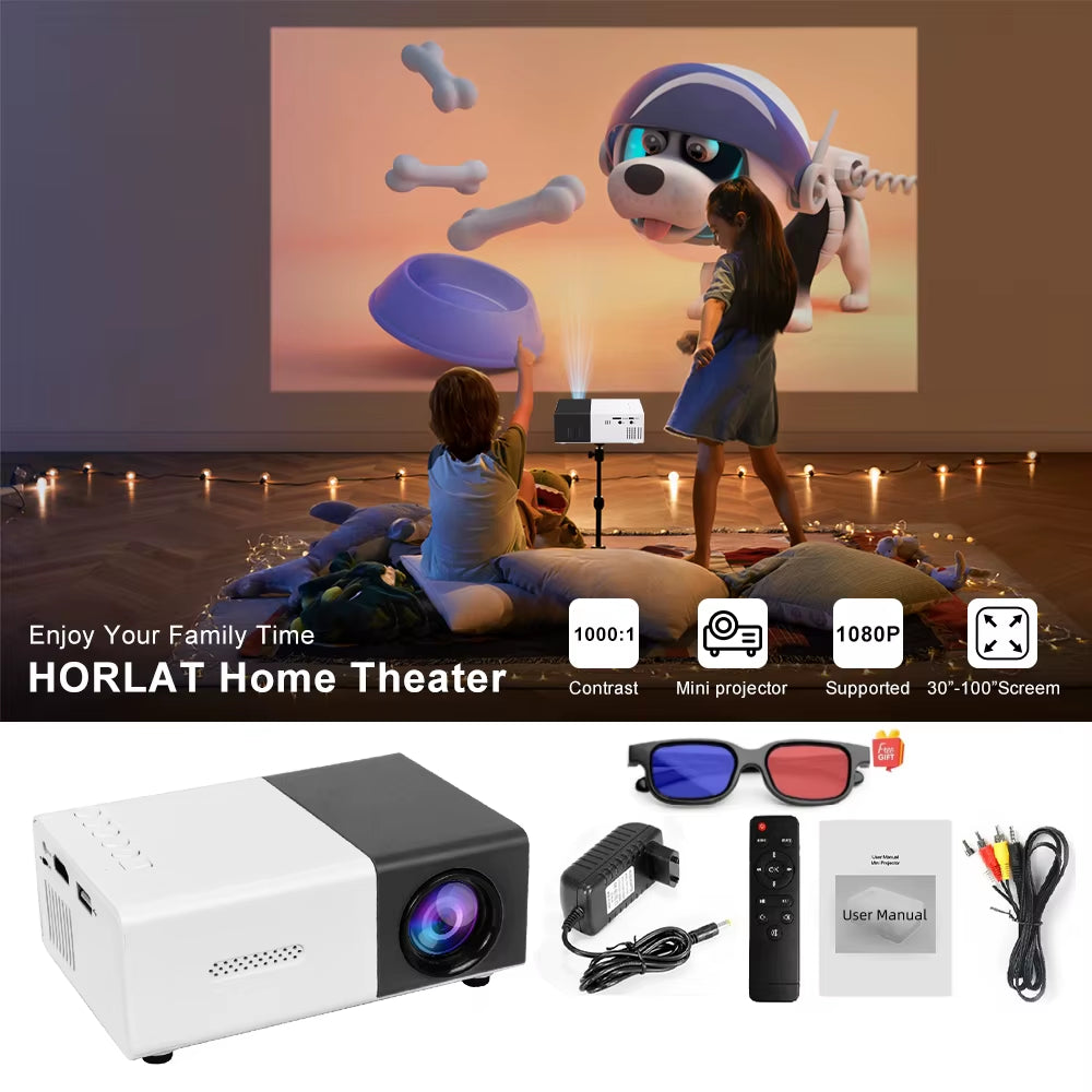 YG300 Mini Home Theater Projector - 1080P Decoding, Built-In Audio, Perfect for Smartphones and Laptops, Includes 3D Glasses Gift!