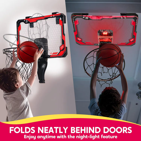 Light-Up Mini Indoor Basketball Hoop - Over-the-Door Fun with Scoreboard & 4 Balls - Perfect Birthday Gift for Kids!