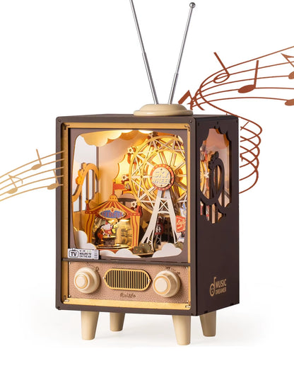 Rolife Sunset Carnival Ferris Wheel Music Box with Lights - Luxurious 3D Wooden Puzzle Home Decor for Kids