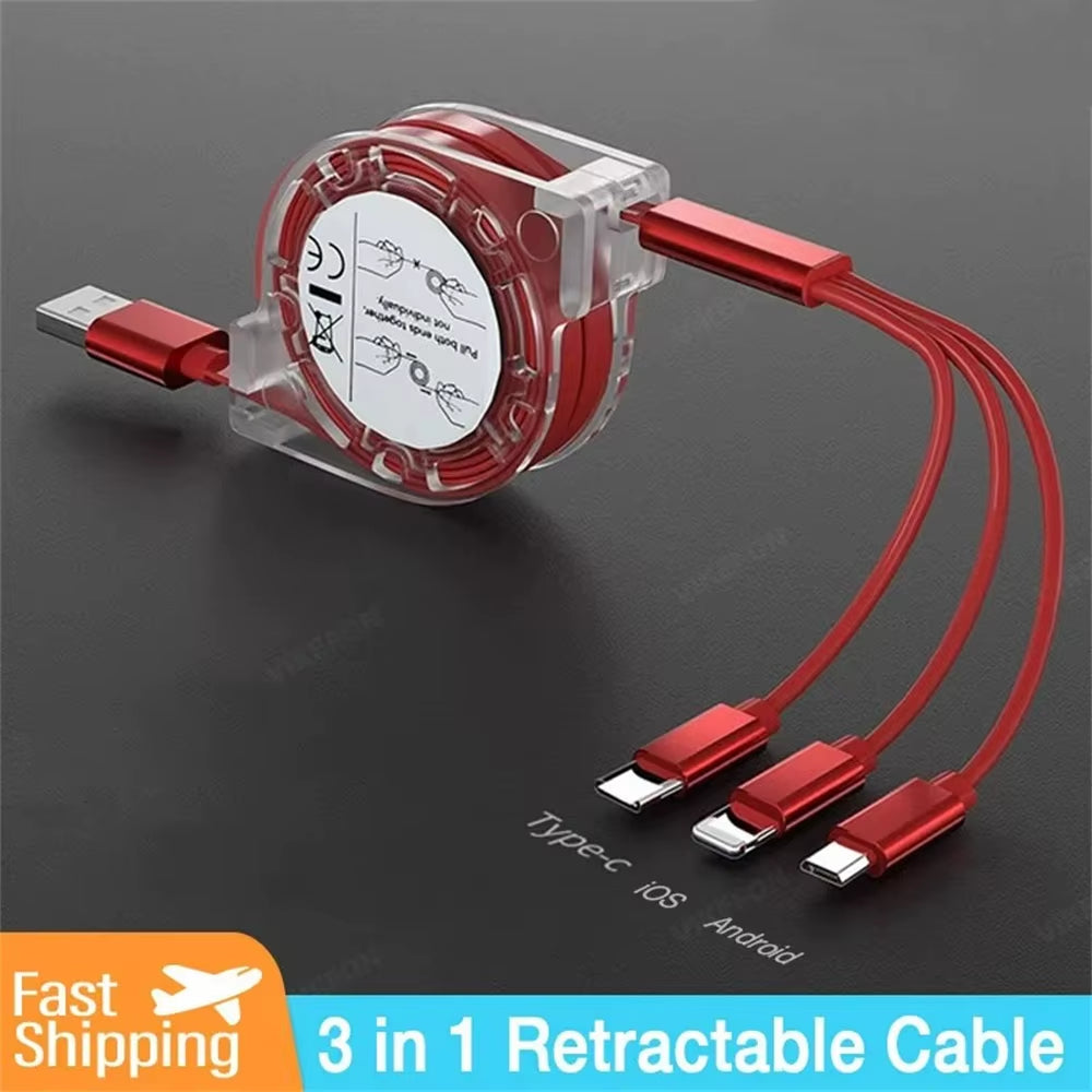 Versatile 3-In-1 Retractable USB Charging Cable for iPhone, Type-C & Micro USB - Fast Charging for Android, Xiaomi, Huawei, Samsung