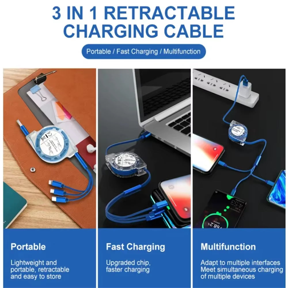Versatile 3-In-1 Retractable USB Charging Cable for iPhone, Type-C & Micro USB - Fast Charging for Android, Xiaomi, Huawei, Samsung