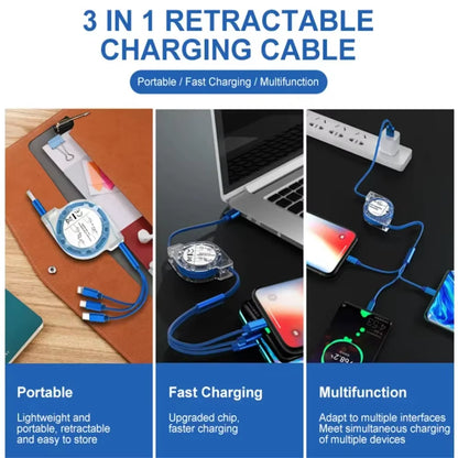 Versatile 3-In-1 Retractable USB Charging Cable for iPhone, Type-C & Micro USB - Fast Charging for Android, Xiaomi, Huawei, Samsung