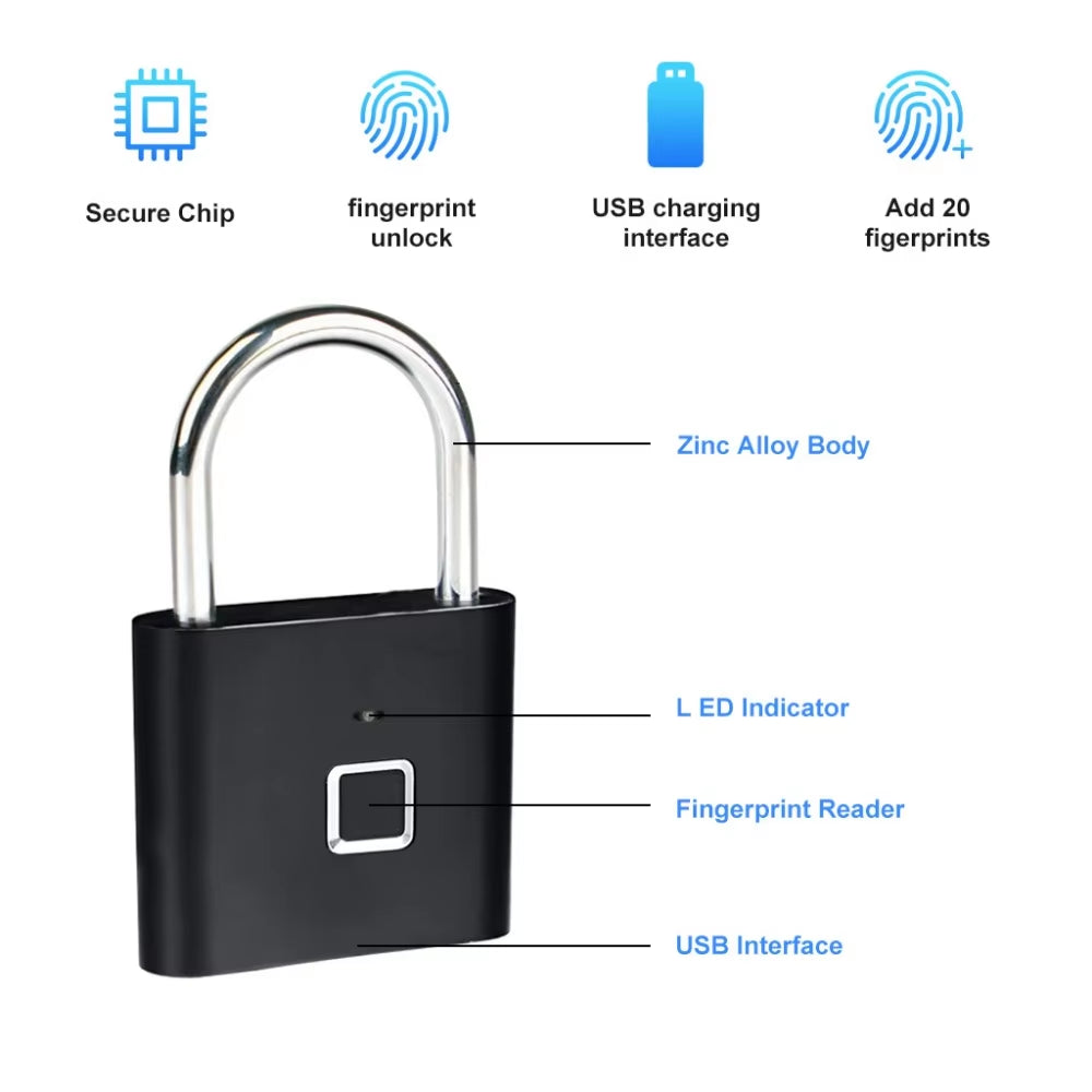 Smart Fingerprint Padlock - Keyless USB Charging, Waterproof, Anti-Theft, Fast Unlocking