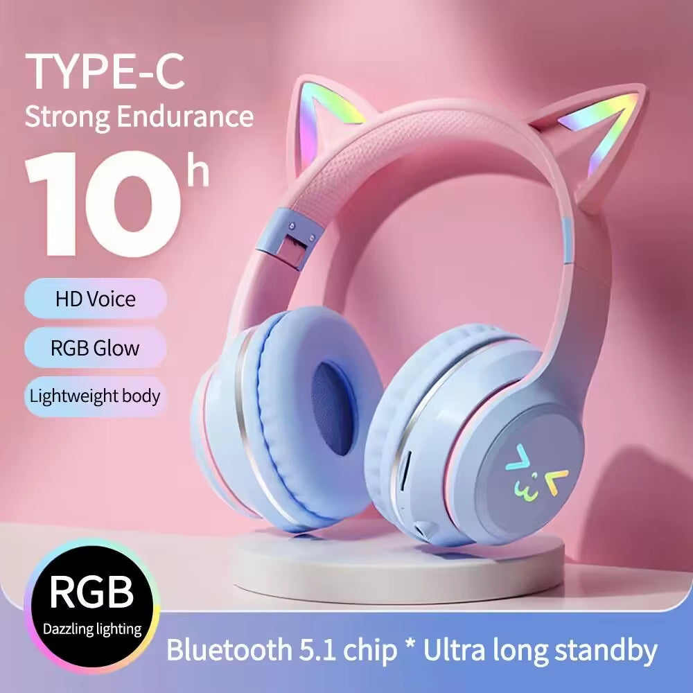 RGB Cat Ear Wireless Earbuds - Bluetooth 5.3 Sports Headphones with Microphone for Gamers