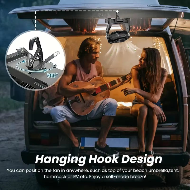 Versatile 3-in-1 Portable Camping Fan with LED Light & Power Bank - Perfect for Tents, BBQs, and Travel!
