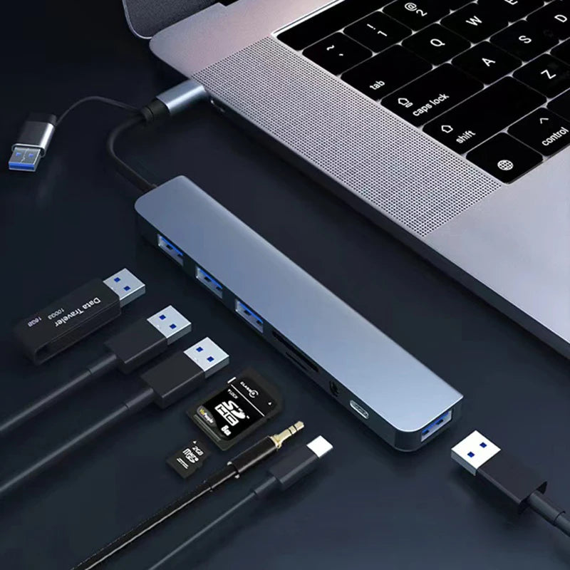 Ultimate 8-in-2 USB & Type-C Hub Docking Station with Audio Jack, Micro SD Reader & Disk Converter for Laptops, Tablets, and Phones