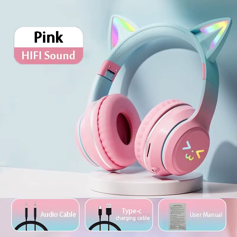 RGB Cat Ear Wireless Earbuds - Bluetooth 5.3 Sports Headphones with Microphone for Gamers