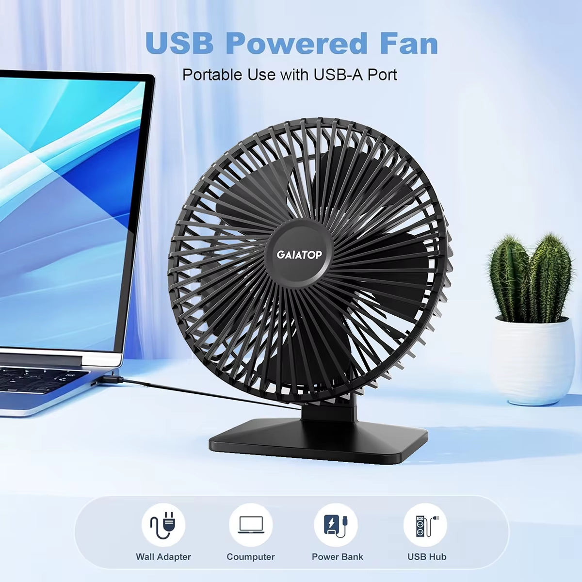 GAIATOP Portable USB Desk Fan - 90° Adjustable, Ultra Quiet with 4 Speed Settings for Home & Office Comfort