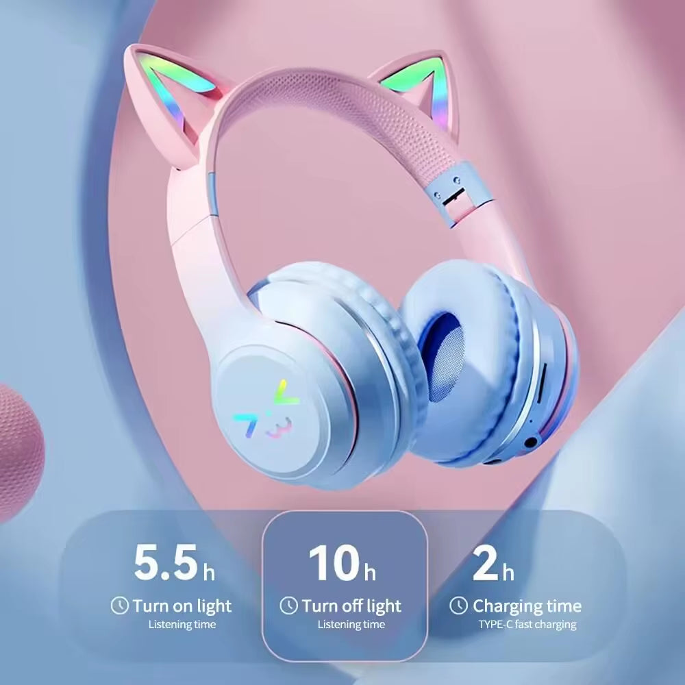RGB Cat Ear Wireless Earbuds - Bluetooth 5.3 Sports Headphones with Microphone for Gamers