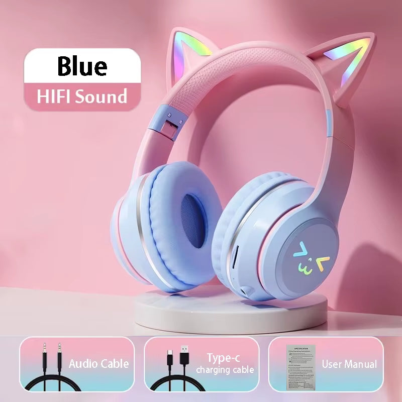 RGB Cat Ear Wireless Earbuds - Bluetooth 5.3 Sports Headphones with Microphone for Gamers