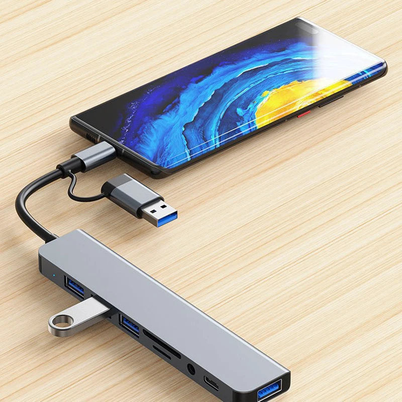 Ultimate 8-in-2 USB & Type-C Hub Docking Station with Audio Jack, Micro SD Reader & Disk Converter for Laptops, Tablets, and Phones