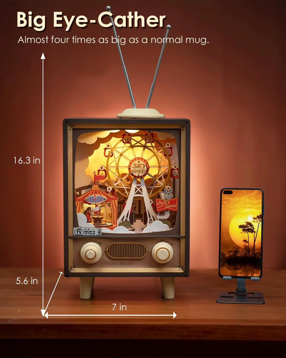 Rolife Sunset Carnival Ferris Wheel Music Box with Lights - Luxurious 3D Wooden Puzzle Home Decor for Kids