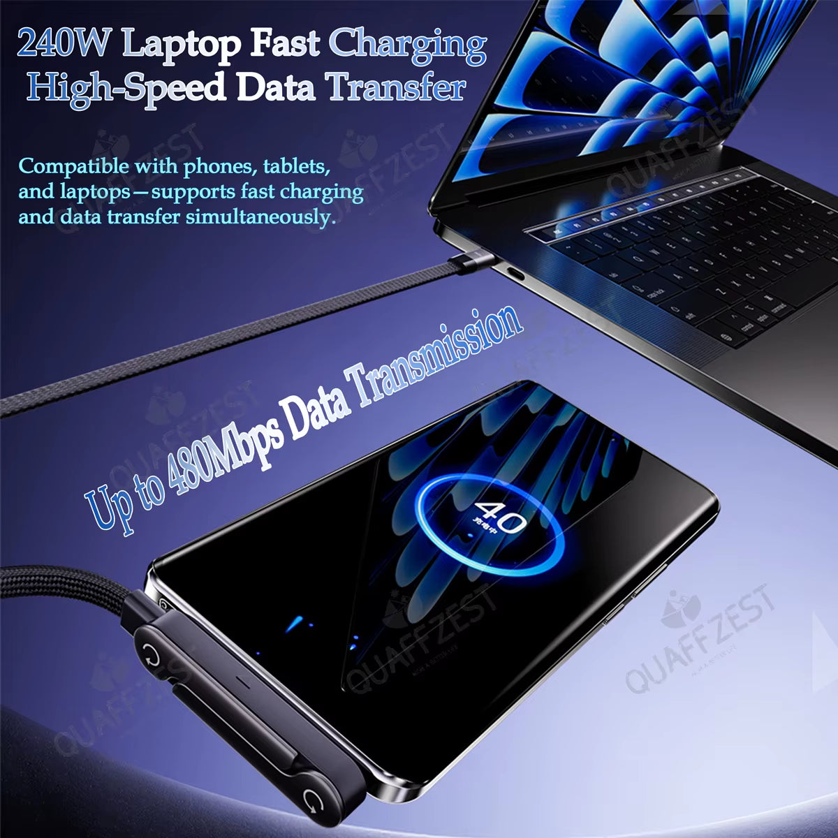 240W Fast Charging 2-In-1 Foldable Phone Holder & Data Cable for Phones and Tablets