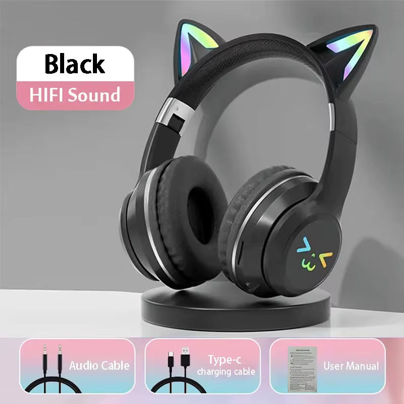 RGB Cat Ear Wireless Earbuds - Bluetooth 5.3 Sports Headphones with Microphone for Gamers