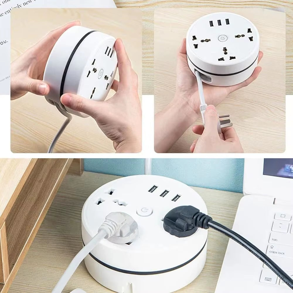 Compact LED Power Strip with Rollable Extension Cord - Travel-Friendly Universal Plug
