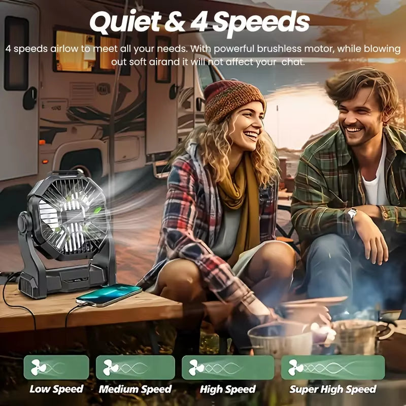 Versatile 3-in-1 Portable Camping Fan with LED Light & Power Bank - Perfect for Tents, BBQs, and Travel!