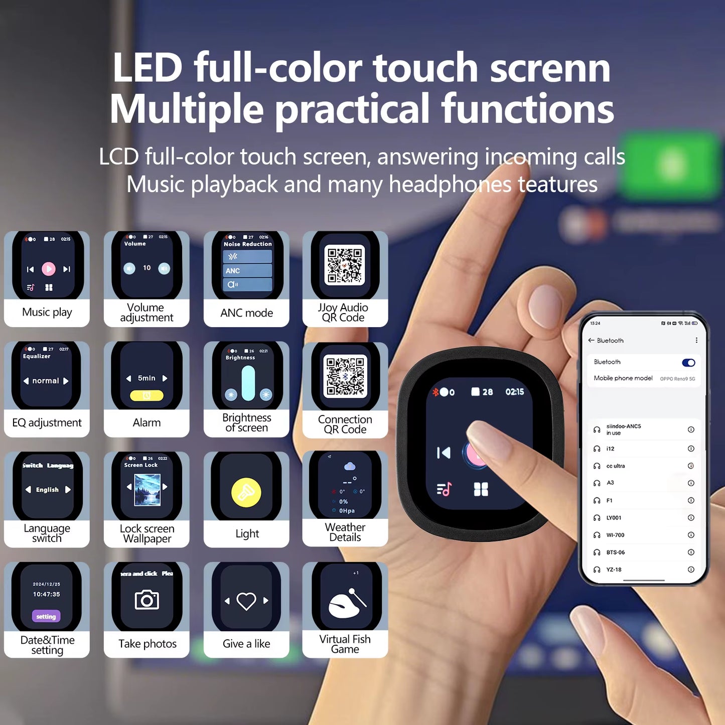 Jh-Anc930Plus Hybrid Wireless Active Noise Cancelling Headphones with Touch Control & LED Screen