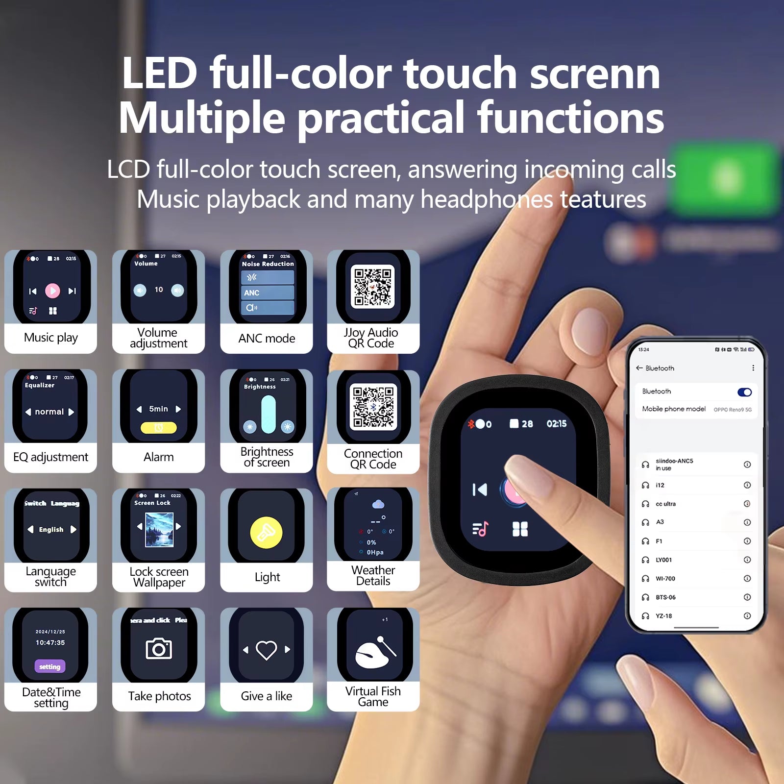 Jh-Anc930Plus Hybrid Wireless Active Noise Cancelling Headphones with Touch Control & LED Screen