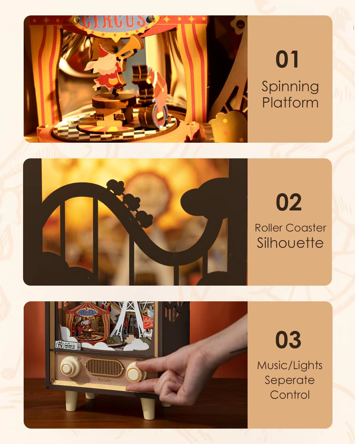 Rolife Sunset Carnival Ferris Wheel Music Box with Lights - Luxurious 3D Wooden Puzzle Home Decor for Kids