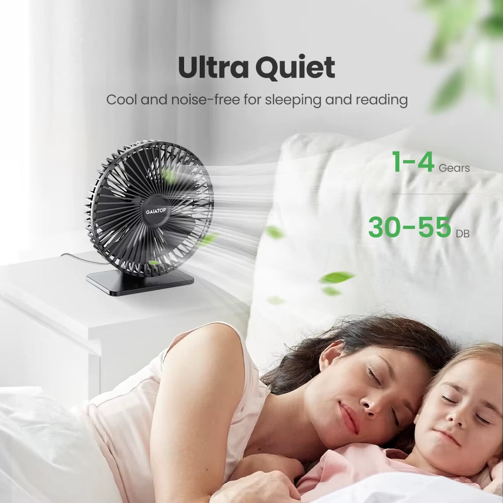 GAIATOP Portable USB Desk Fan - 90° Adjustable, Ultra Quiet with 4 Speed Settings for Home & Office Comfort