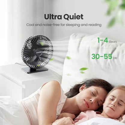 GAIATOP Portable USB Desk Fan - 90° Adjustable, Ultra Quiet with 4 Speed Settings for Home & Office Comfort