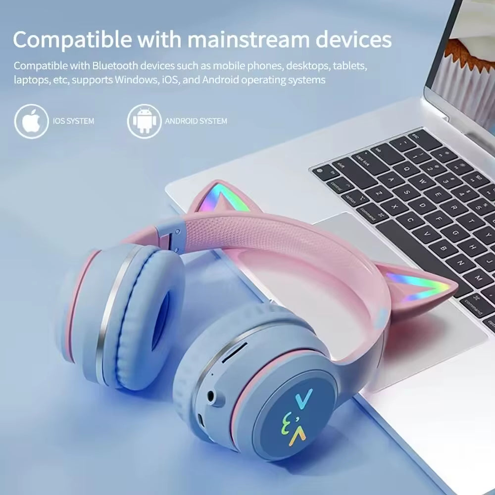 RGB Cat Ear Wireless Earbuds - Bluetooth 5.3 Sports Headphones with Microphone for Gamers